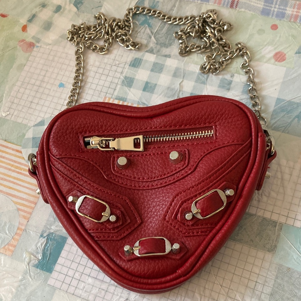 Red Heart-Shaped 7in Crossbody Bag with Silver Chain